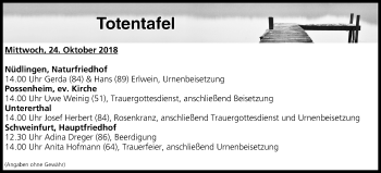 Anzeige von Totentafel vom 24.10.2018 von MGO