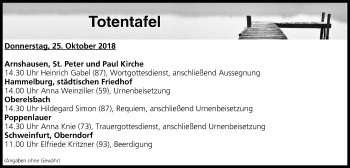 Anzeige von Totentafel vom 25.10.2018 von MGO