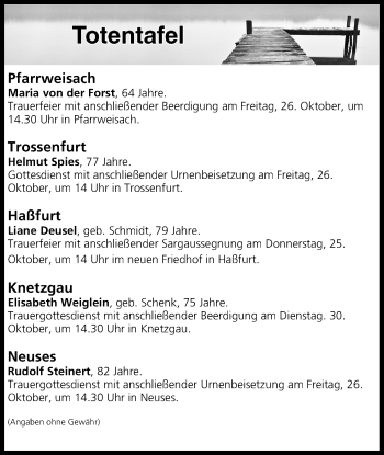 Anzeige von Totentafel vom 25.10.2018 von MGO