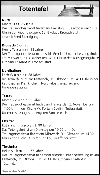 Anzeige von Totentafel vom 30.10.2018 von MGO
