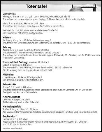 Anzeige von Totentafel vom 30.10.2018 von MGO
