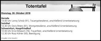 Anzeige von Totentafel vom 30.10.2018 von MGO