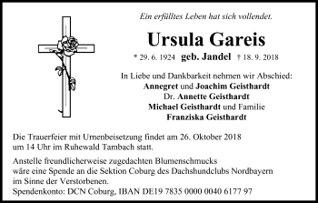 Anzeige von Ursula Gareis von MGO