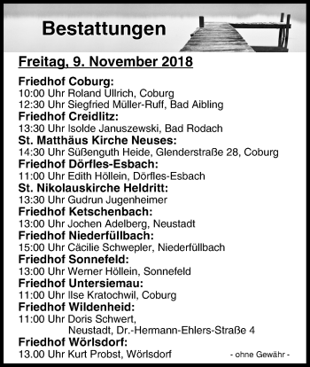 Anzeige von Bestattungen vom 09.11.2018 von MGO