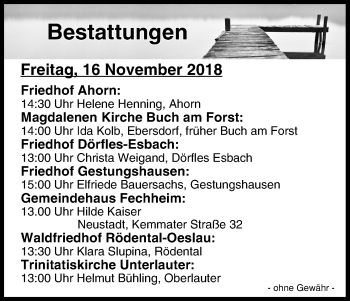 Anzeige von Bestattungen vom 16.11.2018 von MGO