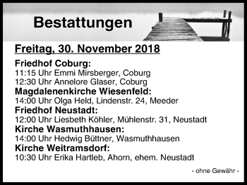 Anzeige von Bestattungen vom 30.11.2018 von MGO