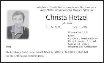 Anzeige von Christa Hetzel von MGO