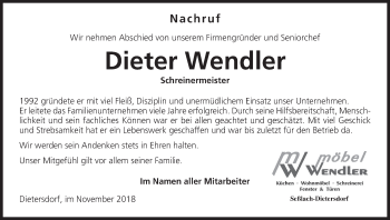 Anzeige von Dieter Wendler von MGO