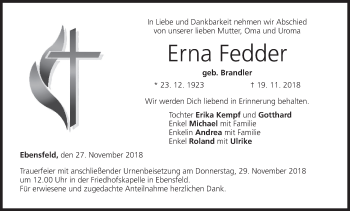 Anzeige von Erna Fedder von MGO