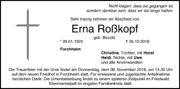 Anzeige von Erna Roßkopf von MGO