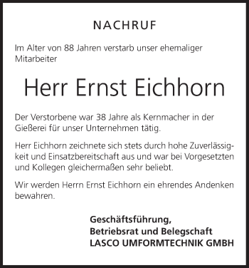 Anzeige von Ernst Eichhorn von MGO