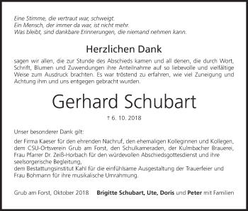 Anzeige von Gerhard Schubart von MGO