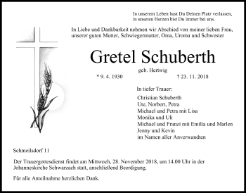 Anzeige von Gretel Schuberth von MGO