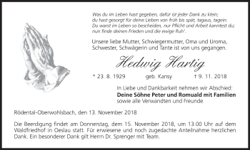 Anzeige von Hedwig Hartig von MGO