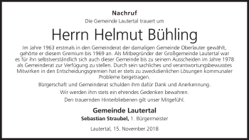 Anzeige von Helmut Bühling von MGO