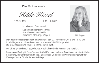 Anzeige von Hilde Kiesel von MGO
