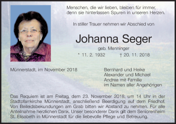 Anzeige von Johanna Seger von MGO
