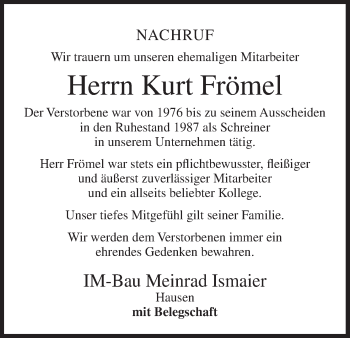 Anzeige von Kurt Frömel von MGO
