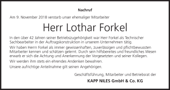 Anzeige von Lothar Forkel von MGO