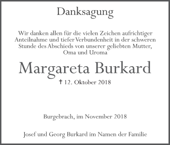 Anzeige von Margareta Burkard von MGO