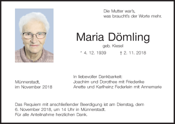 Anzeige von Maria Dömling von MGO