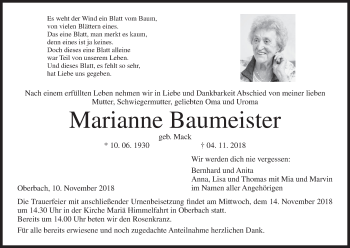 Anzeige von Marianne Baumeister von MGO