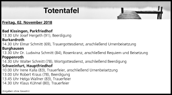 Anzeige von Totentafel vom 01.11.2018 von MGO