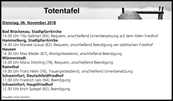 Anzeige von Totentafel vom 06.11.2018 von MGO