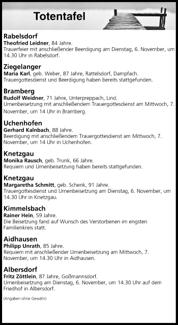 Anzeige von Totentafel vom 06.11.2018 von MGO