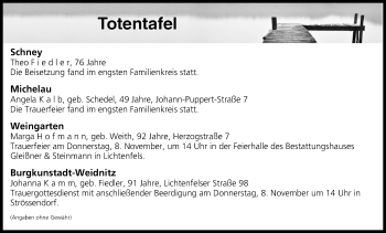 Anzeige von Totentafel vom 07.11.2018 von MGO