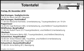 Anzeige von Totentafel vom 09.11.2018 von MGO