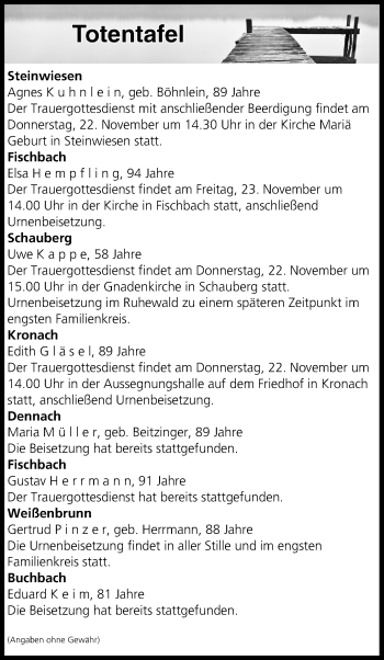 Anzeige von Totentafel vom 21.11.2018 von MGO