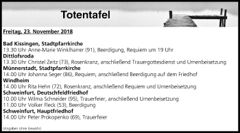 Anzeige von Totentafel vom 23.11.2018 von MGO