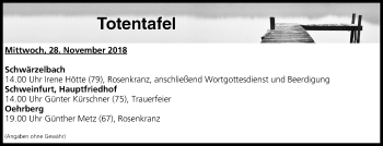 Anzeige von Totentafel vom 28.11.2018 von MGO