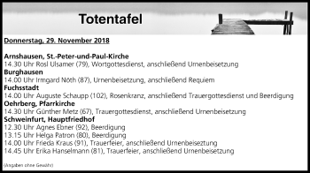 Anzeige von Totentafel vom 29.11.2018 von MGO