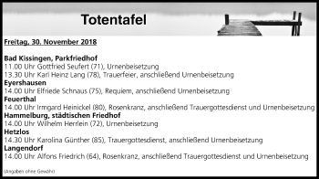 Anzeige von Totentafel vom 30.11.2018 von MGO