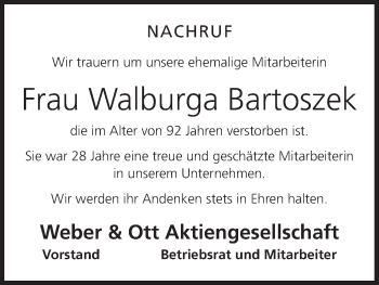 Anzeige von Walburga Bartoszek von MGO