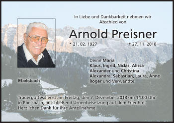 Anzeige von Arnold Preisner von MGO
