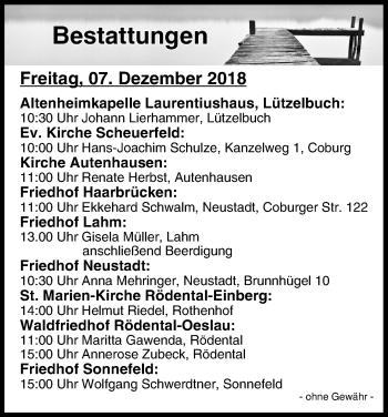 Anzeige von Bestattungen vom 07.12.2018 von MGO
