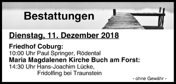 Anzeige von Bestattungen vom 11.12.2018 von MGO
