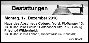 Anzeige von Bestattungen vom 17.12.2018 von MGO