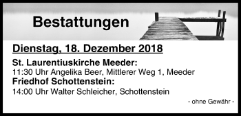 Anzeige von Bestattungen vom 18.12.2018 von MGO