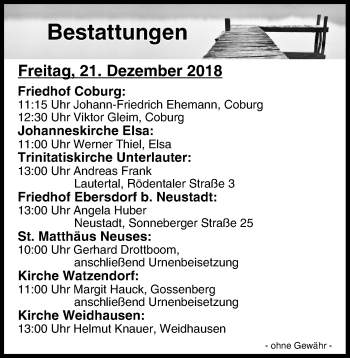 Anzeige von Bestattungen vom 21.12.2018 von MGO