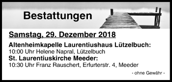 Anzeige von Bestattungen vom 29.12.2018 von MGO