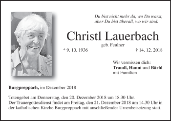 Anzeige von Christl Lauerbach von MGO