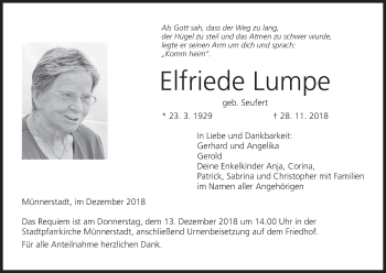 Anzeige von Elfriede Lumpe von MGO