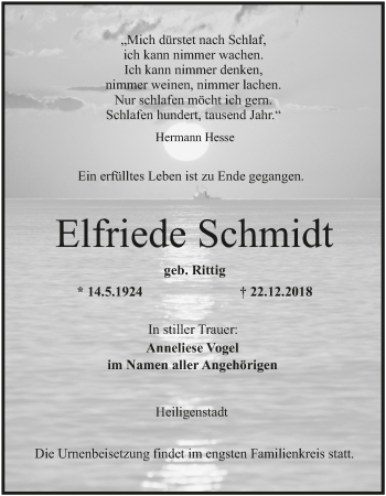 Anzeige von Elfriede Schmidt von MGO