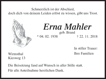 Anzeige von Erna Mahler von MGO
