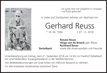 Anzeige von Gerhard Reuss von MGO