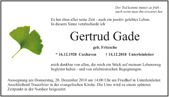Anzeige von Gertrud Gade von MGO